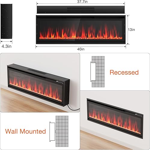 Miniatura 6 de Chimenea eléctrica ultrafina de 40 pulgadas, chimenea eléctrica empotrada y montada en la pared con temporizador, control remoto, color de llama