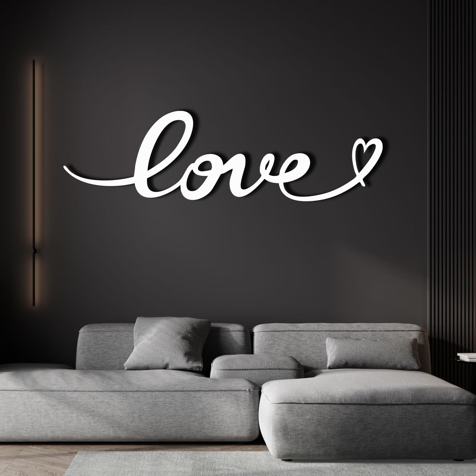 Schwarzes Metall-Herz-Wandbild, Metall-Monogramm-Hochzeitswandbild, Moderne Liebeskunst-Dekoration für Wohnzimmer, Schlafzimmer, Flur, Heimdekoration (Schwarz, 150 x 43 cm)