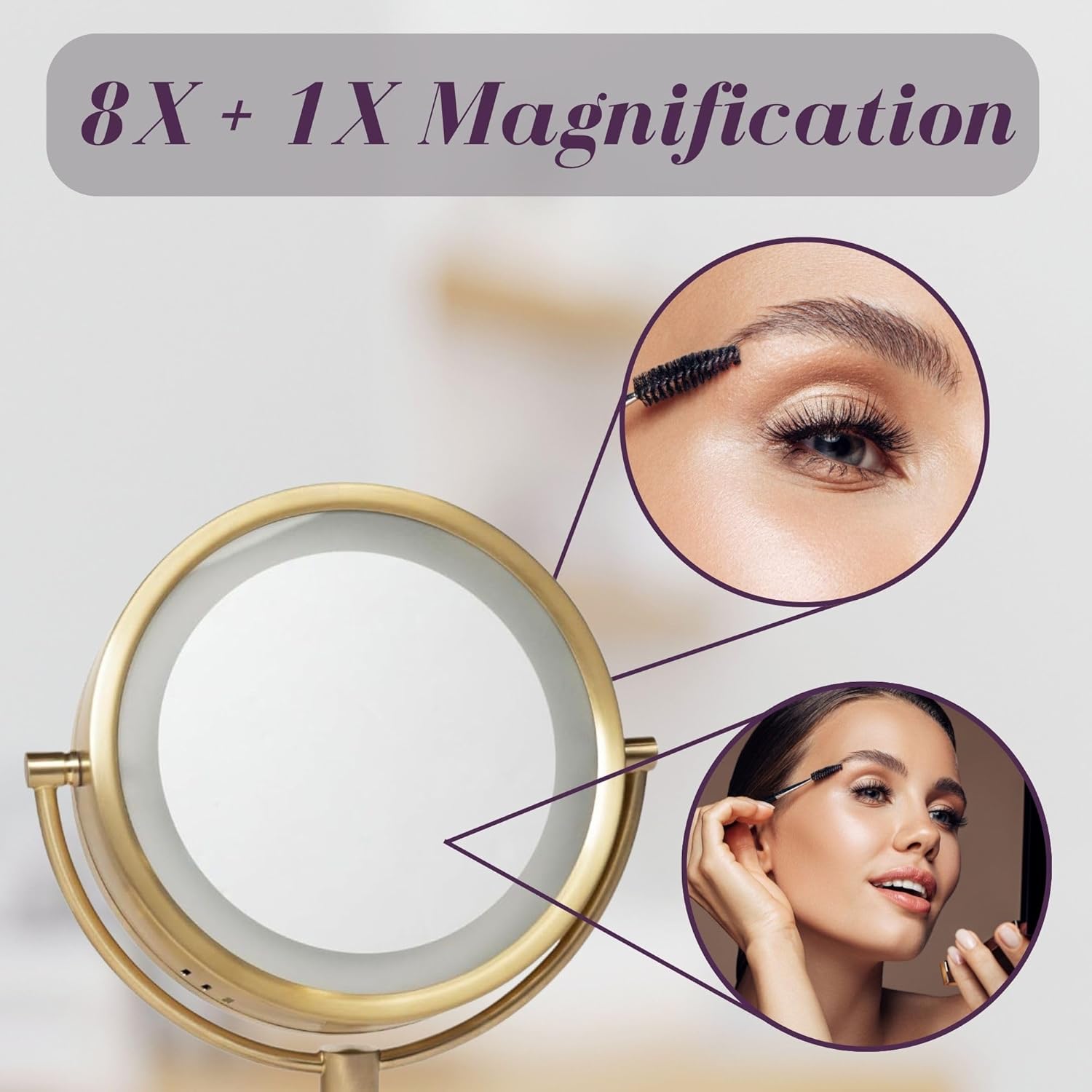 JERDON Wall-Mounted Makeup Mirror with LED Light - Direct Wire Lighted Makeup Mirror with 8X Magnification - 8.5-inch Diameter Mirror with Gold Finish Wall Mount - Model HL75BGD