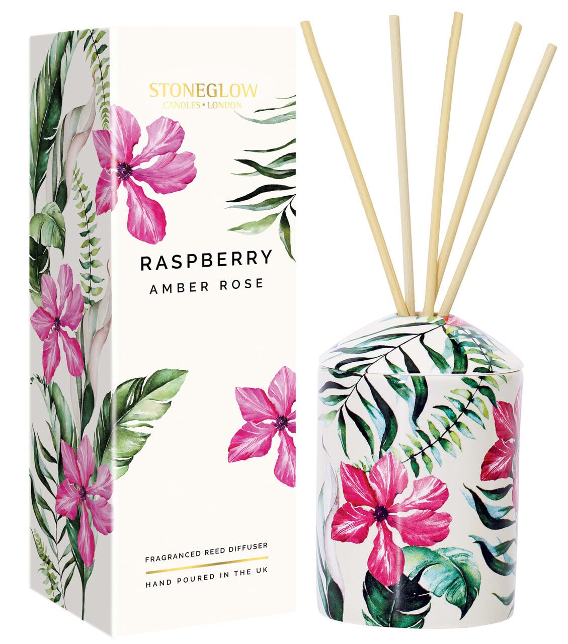 Stoneglow Urban Botanics Raspberry Amber Rose Ceramic Scented Reed Diffuser 200ml - Red Berries, White Rose & Amber Woods Notes, Lasts 16 Weeks, 10 Reed Diffuser Sticks, Refillable Home Air Freshener