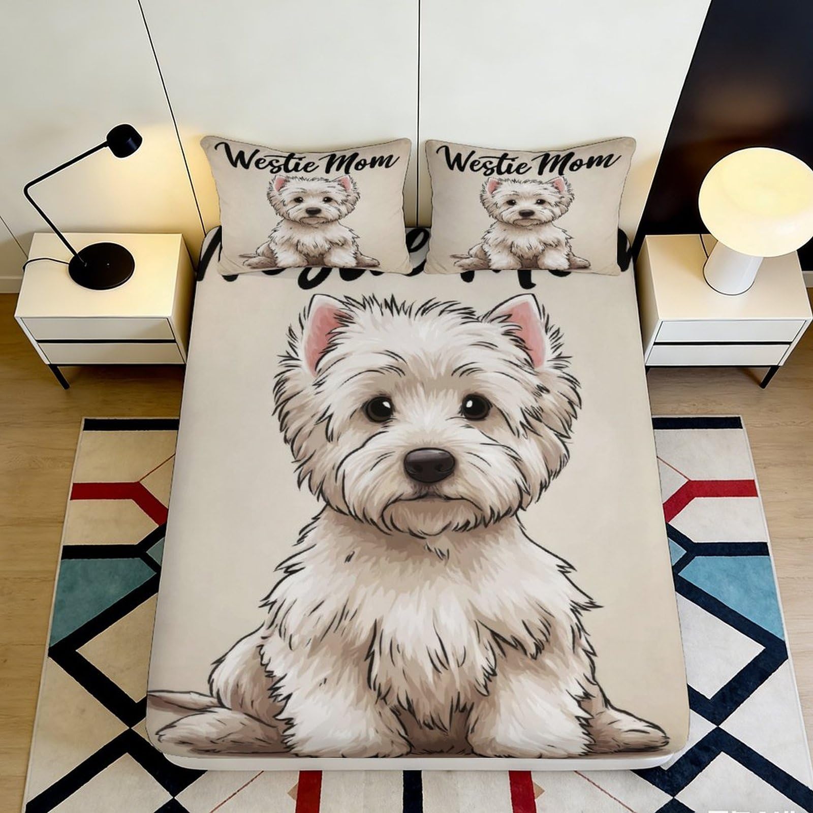 3D Printed Westie Dog Fitted Sheet Microfiber Non-slip Cute Puppy Bed Cover for Bedroom Guest Room Decor 90x200x25cm