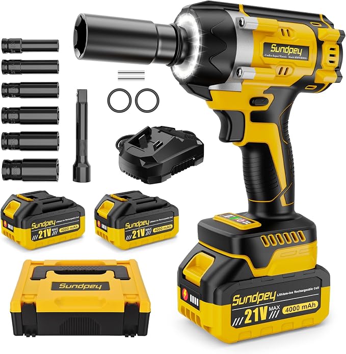 Sundpey Cle a Choc Sans Fil Brushless 700 Nm, 21V Boulonneuse a Choc avec 2 Batteries 4,0Ah & 6 Douilles a Choc & Anneau LED & Chargeur, 3200RPM 1/2&Prime; Visseuse a Choc Pour Voiture et Maison, Jaune