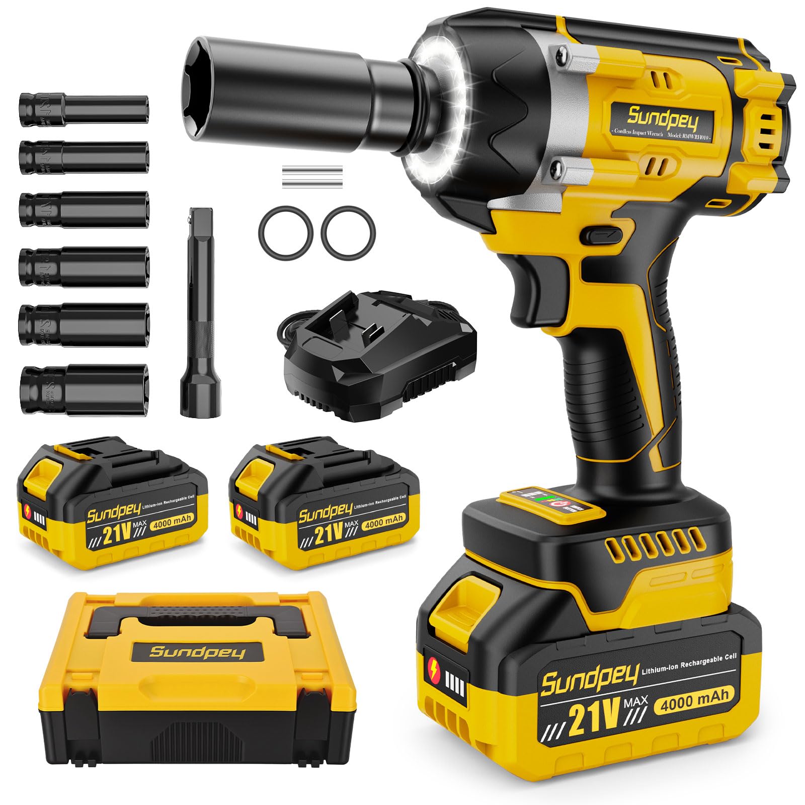 Sundpey Pistola de Impacto Bateria 700Nm, 1/2" Brushless Atornillador de Impacto con 2 Baterías de 4,0 Ah, 6 Enchufes, Anillo LED Rápido, 21V Llave de Impacto Para Cambio de Neumáticos y Bricolaje
