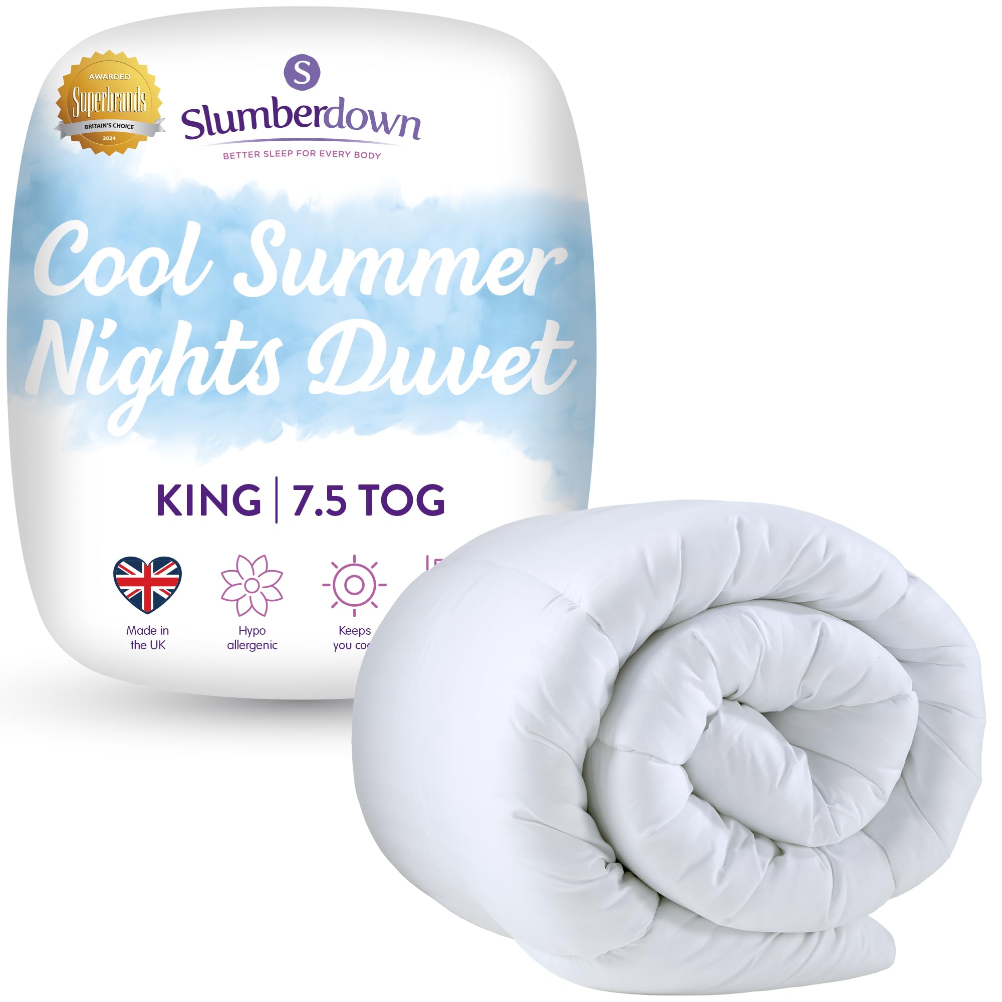 Slumberdown White Cool Summer Nights Tog King Duvet & 2 Pillows Set - Lightweight, Breathable & Uk Made Quilt, Non-Allergenic & Washable - Complete Summer Bedding For Hot Nights (225 X 220Cm) Size 7.5