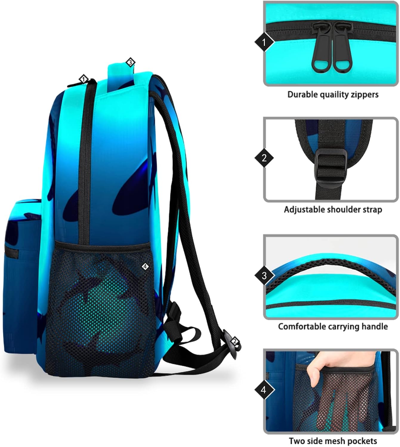 Floating Shark Backpacks for Girls Kids Boys, Ocean Shark Casual Lightweight School Bags Laptop Backpack Student College Bookbag Travel Hiking Daypack