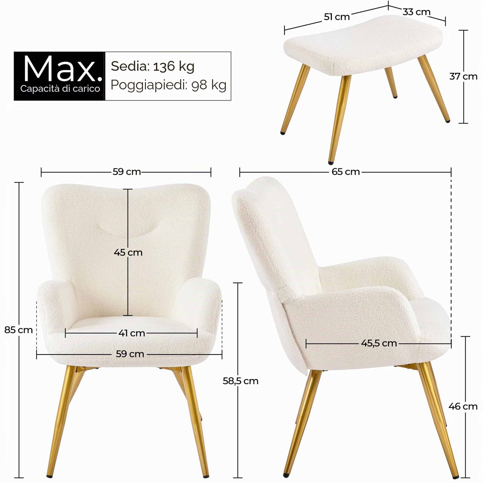 Yaheetech Poltrona Imbottita con Sgabello Poltrocina in Tessuto Boucle con Schienale Pieghevole Gambe in Metallo Sedia per Soggiorno Camera da Letto Lettura Caffè Avorio
