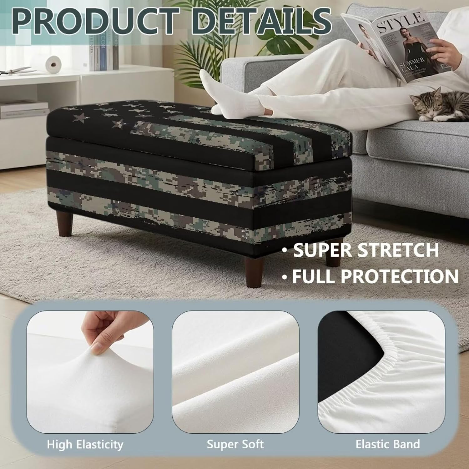 American Flag Storage Ottoman Cover Camouflage Rectangle Ottoman Slipcover Folding Storage Bench Cover Footrest Furniture Protector with Nonslip Elastic Bottom Fits Pets Dogs
