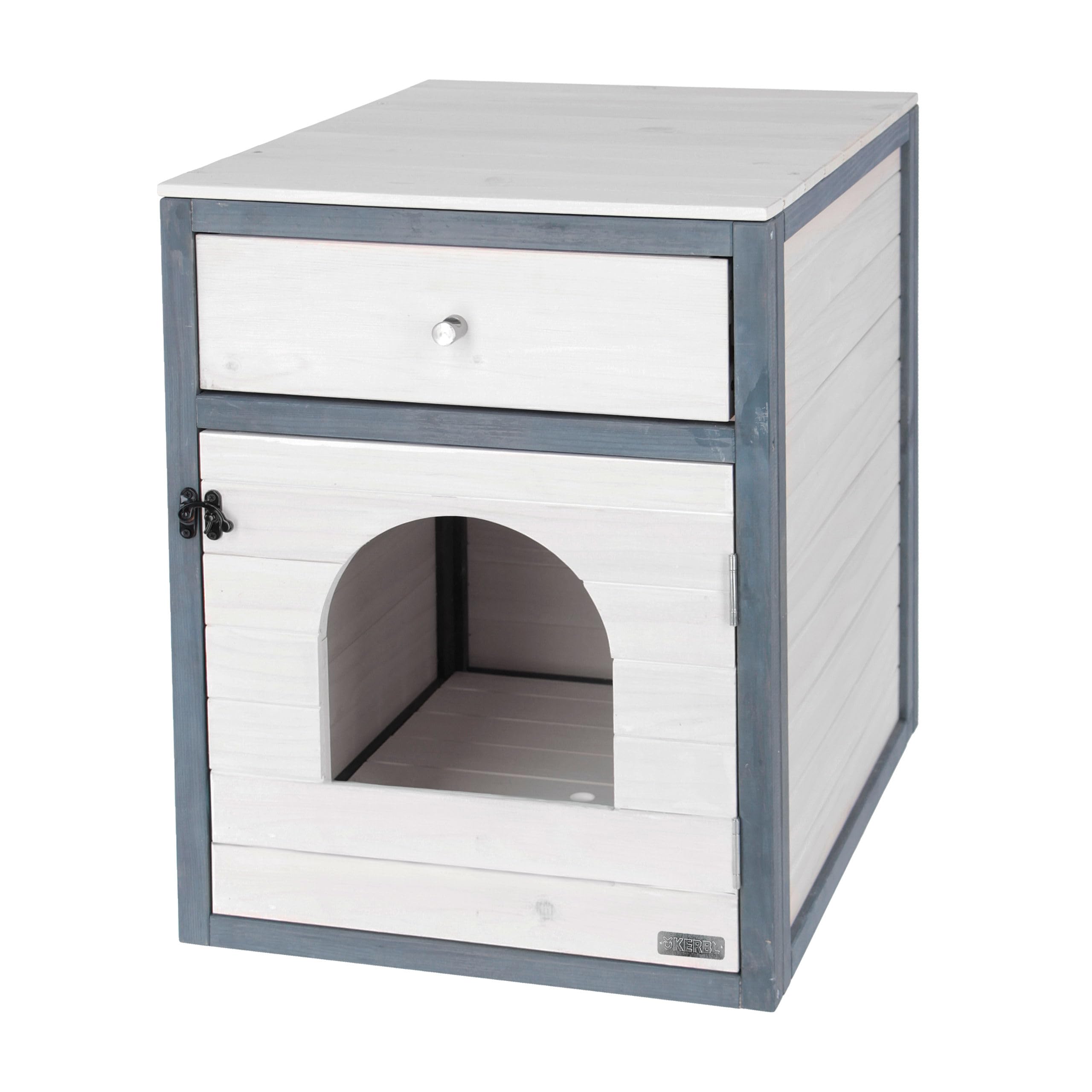 Kerbl Pet Armario para Gatos IDA, casa para Gatos, Blanco, Gris, 58x45x60cm, Madera, para Gatos, con cajón, cojín Integrado