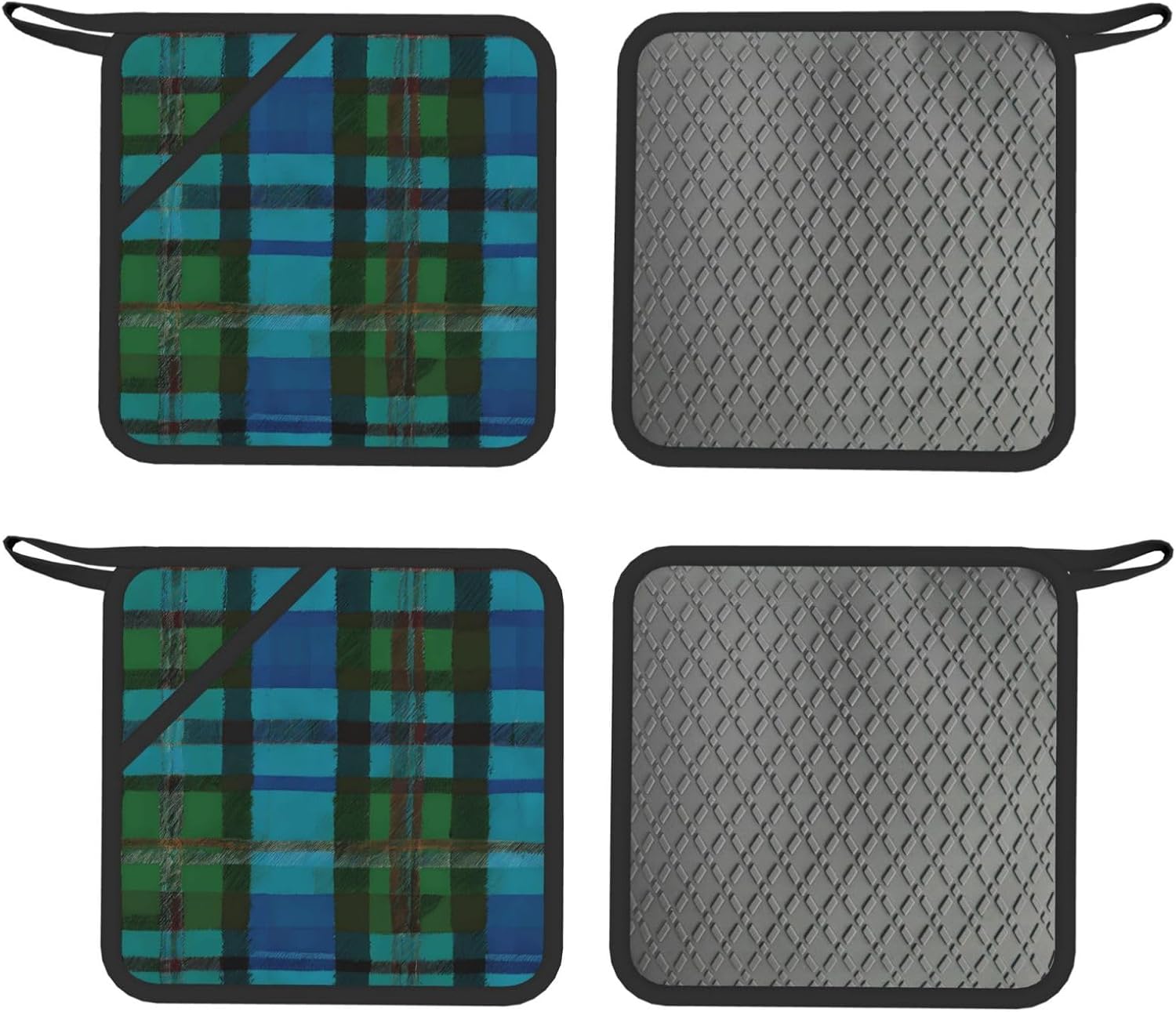 Blue and Green Scottish Tartan Oven Mitts and Pot Holders Set of 4 Heat Resistant Kitchen Gloves with Silicone Palm Hot Pads for Baking Cooking Grilling BBQ
