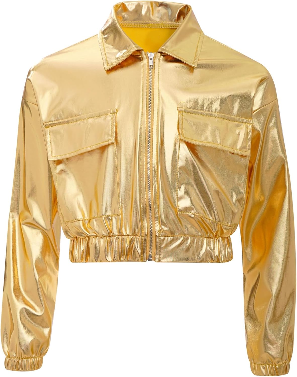 TiaoBug Kids Boys Girls Shiny Metallic Long Sleeve Hip Hop Dance Jacket with Pants Set Tracksuit Performance Dancewear Gold 10 Years