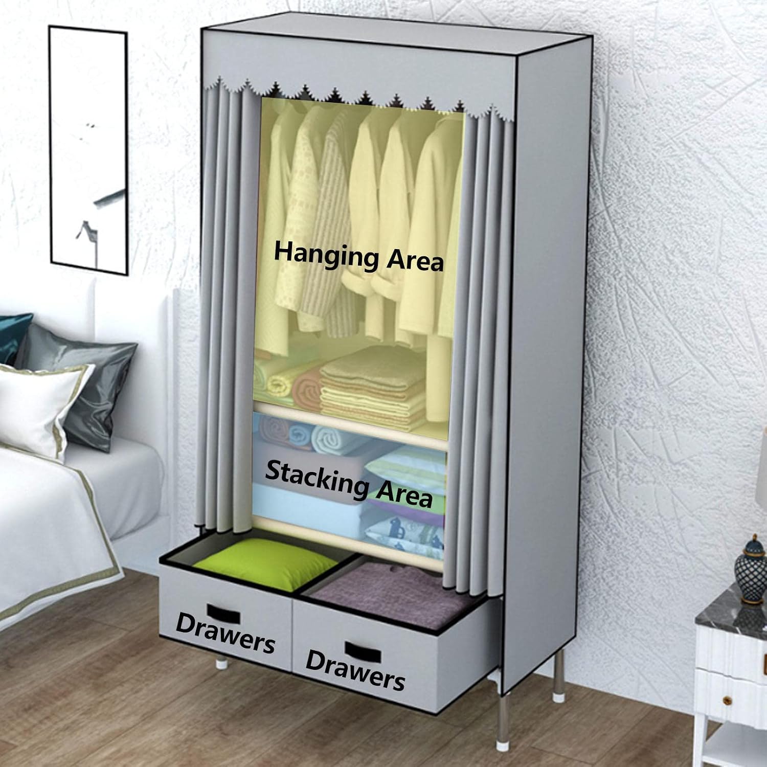 Wardrobe Portable Canvas Wardrobe Shelves, Fabric Wardrobe with Hanging Rail and 2 Drawers, Foldable Clothes Closet Storage Organizer,Grey-70x48x165cm
