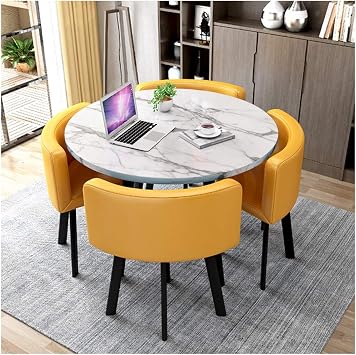 5 Piece Dining Table and Chair Set for Balcony or Kitchen Dining 80cm/90cm Round Wooden Table with Metal Legs and 4 Black Leather Chairs Perfect for Office Reception and,Yellow-90cm/35in