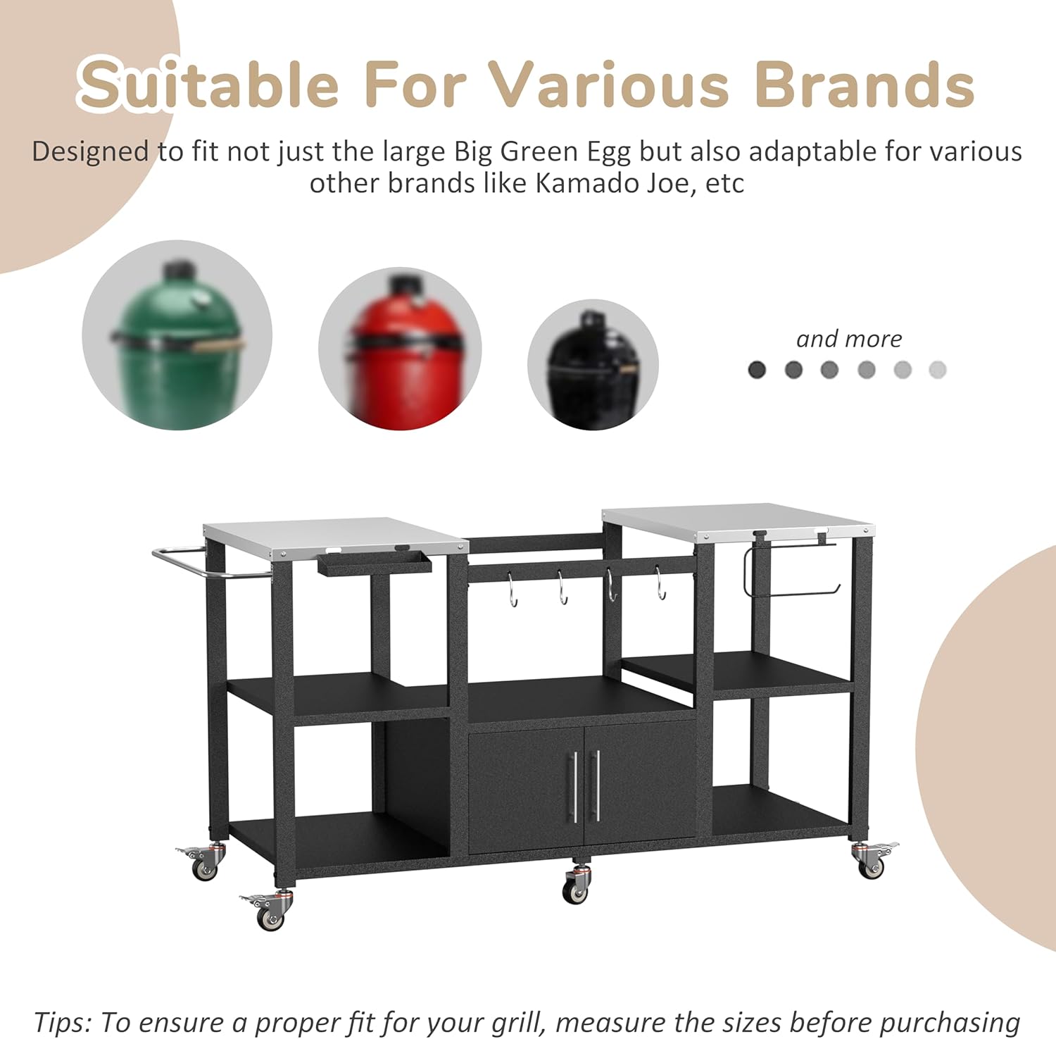 BlueWish Grill Table for Outdoor Kitchen, Movable Outdoor Grill Cart with Stainless Steel Countertop & Wheels, Food Prep Table Compatible with Large Big Green Egg, Kamado Joe