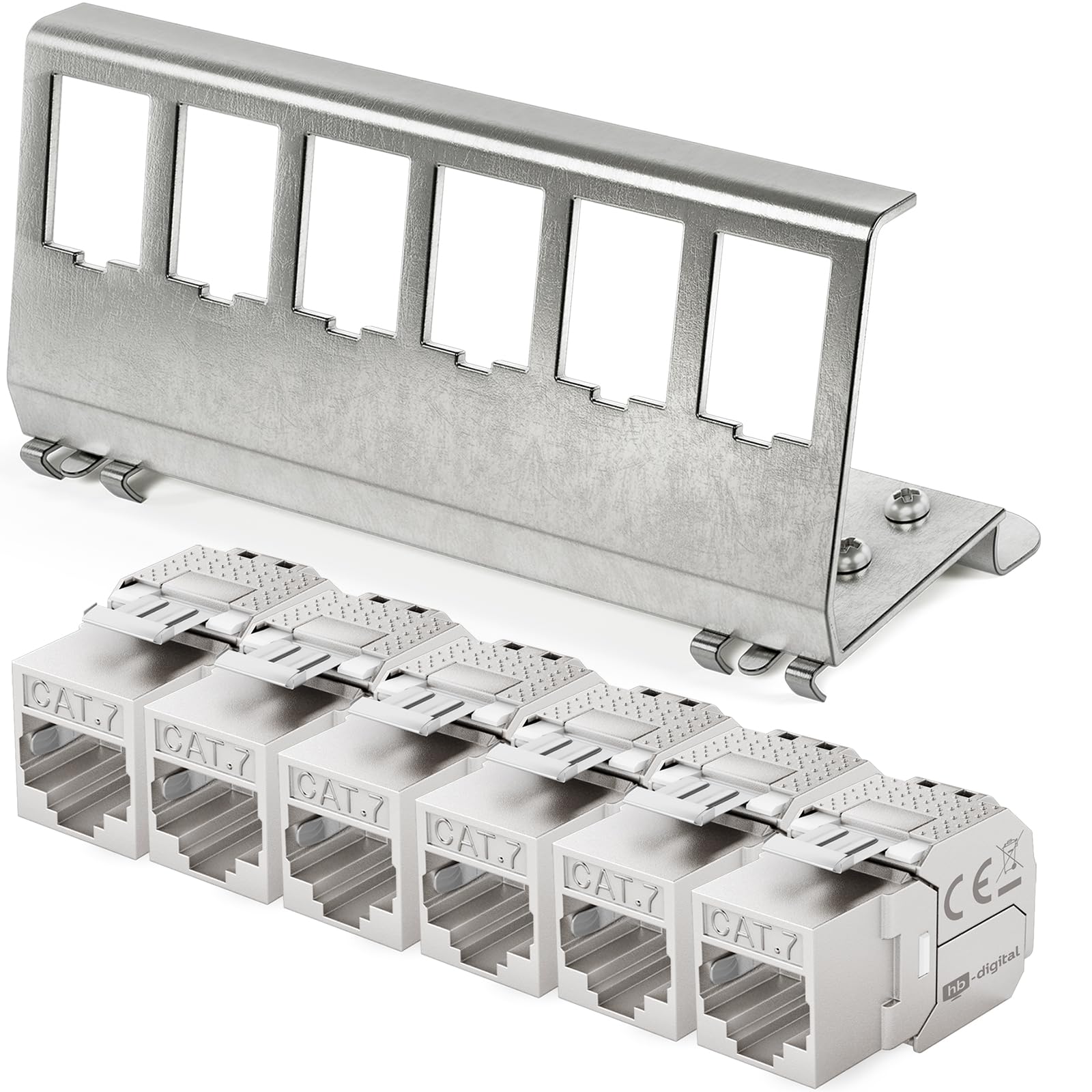 hb-digital 6X CAT 7 Keystone Modul RJ45 Buchse STP 10 Gbit/s - werkzeuglos LSA - mit 1x 6-Port 35mm DIN Rail Metall Hutschienenadapter Keystone Halterung Ethernet LAN Netzwerk Switch