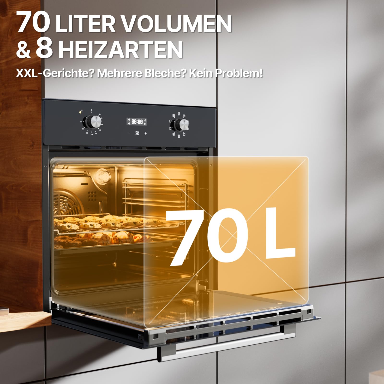 Einbaubackofen 60 cm, 70 L Volumen, 4D Heißluft, 8 Heizarten, Schnellaufheizung, inkl. Timer & Kindersicherung, Energieeffizienz A, 3 Jahre Garantie, Schwarz