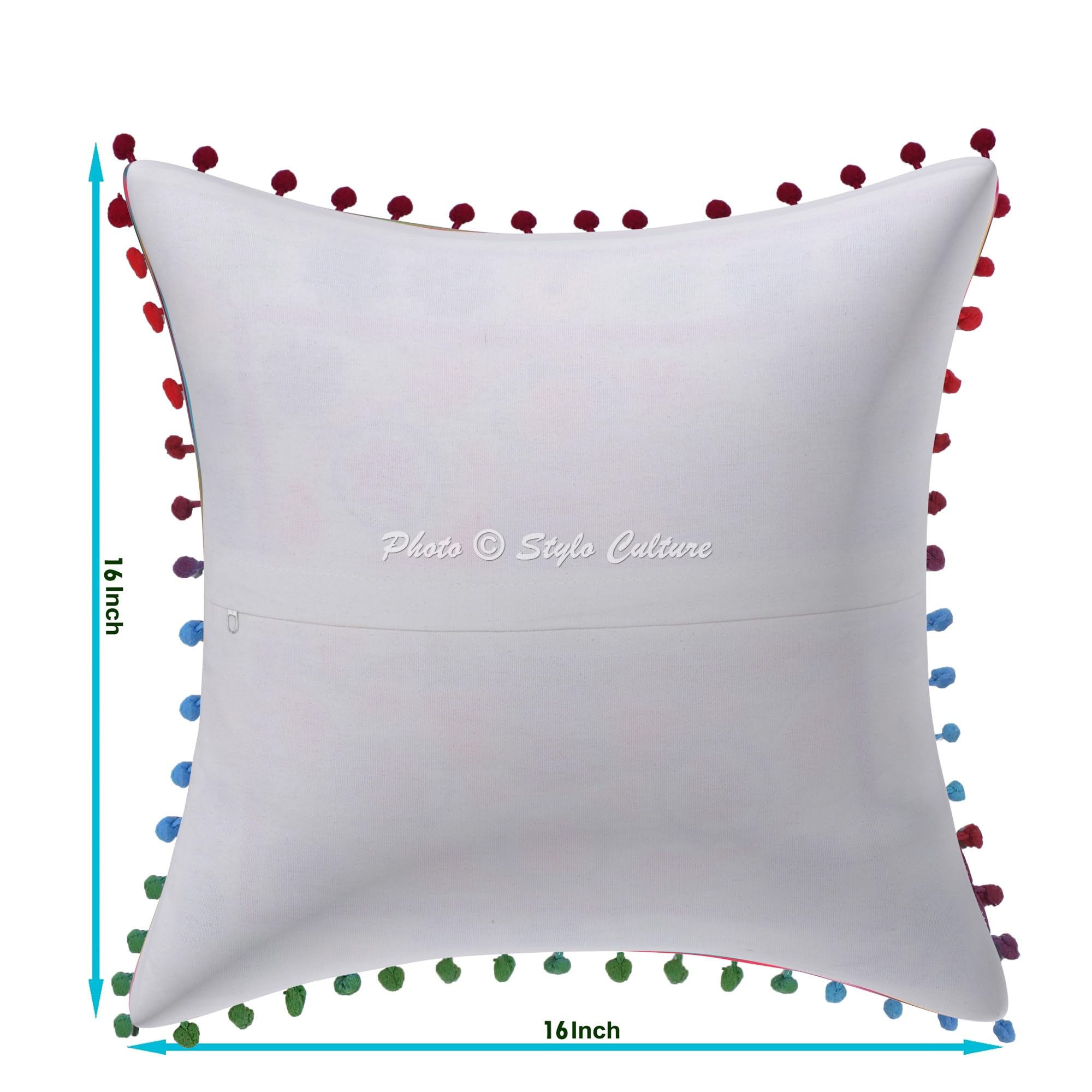 Indische Dekorativ Baumwolle Couch Kissenbezüge 40x40 cm Weiß Dekokissen Suzani Bestickte Pom Pom Spitze Schlafzimmer Sofa Kissen Bezüge Quadrat Blumen Kissenhullen - 4 STK.