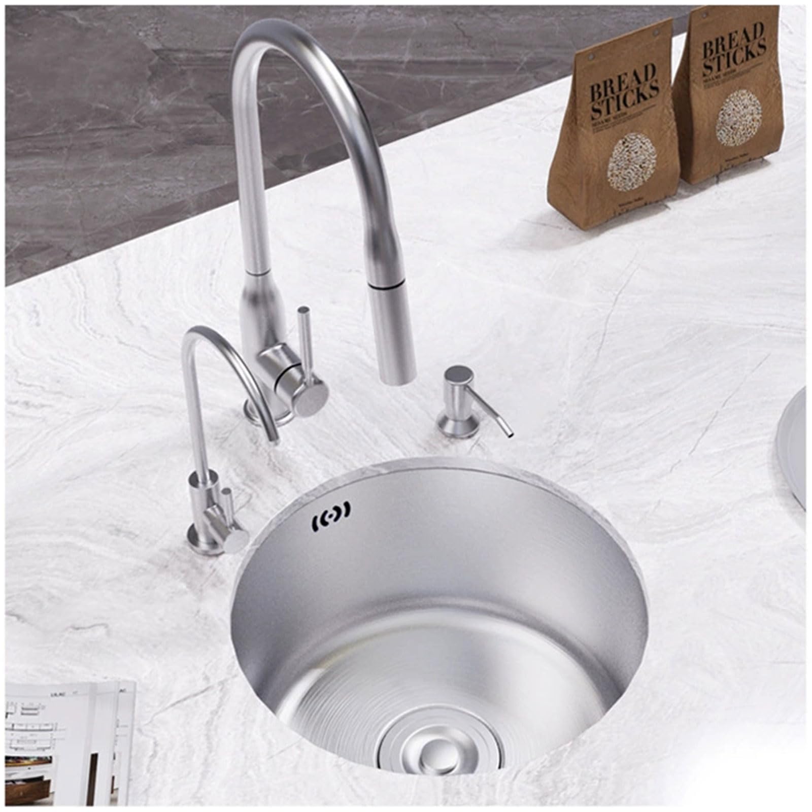 WBJGUOD Kitchen Sink Round Undermount/Topmount Workstation Stainless Steel with Pull-Out Faucet Silent Operation for Caravans, Kitchens, Dining Rooms and Bars