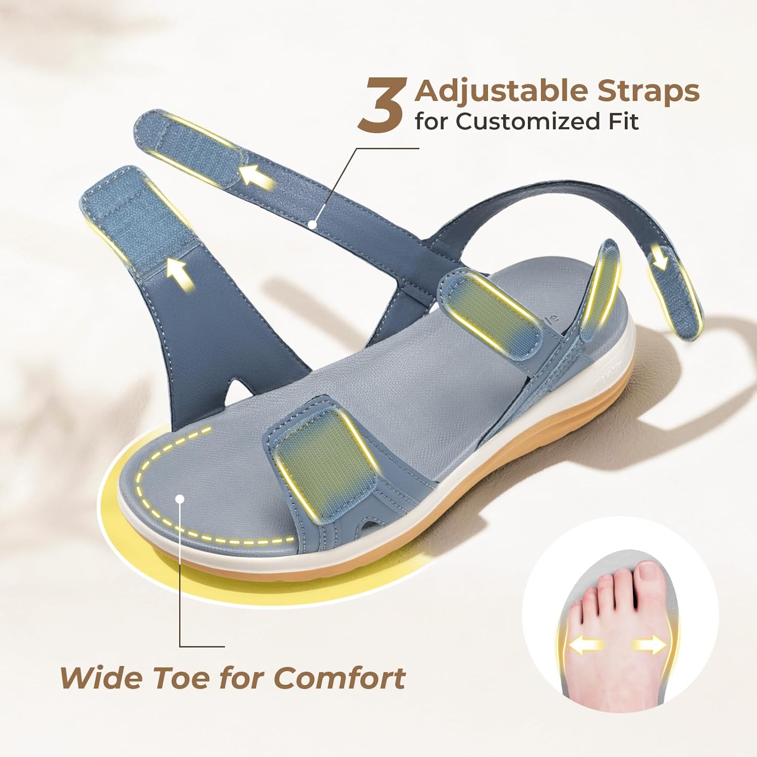 FitVille Women's Orthopedic Wide Sandals, Adjustable Strap Flat Sandals for Women, Wide Width | Arch Support | Plantar Fasciitis | Swollen Feet