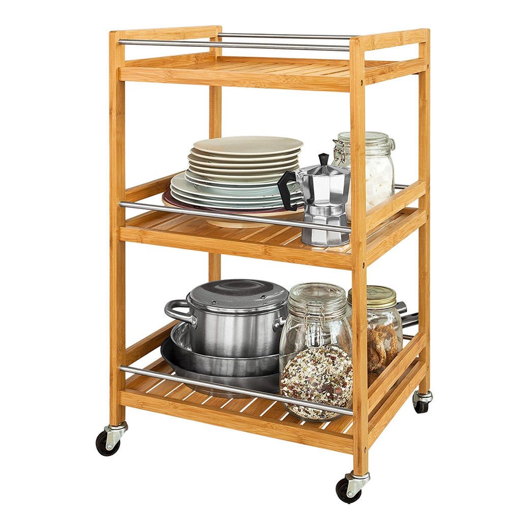 BAKAJI Carro de Cocina o baño con 3 Compartimentos de Madera de bambú Natural y 4 Ruedas de 46 x 38 x 76 cm, Carro de Servicio, bambú Natural