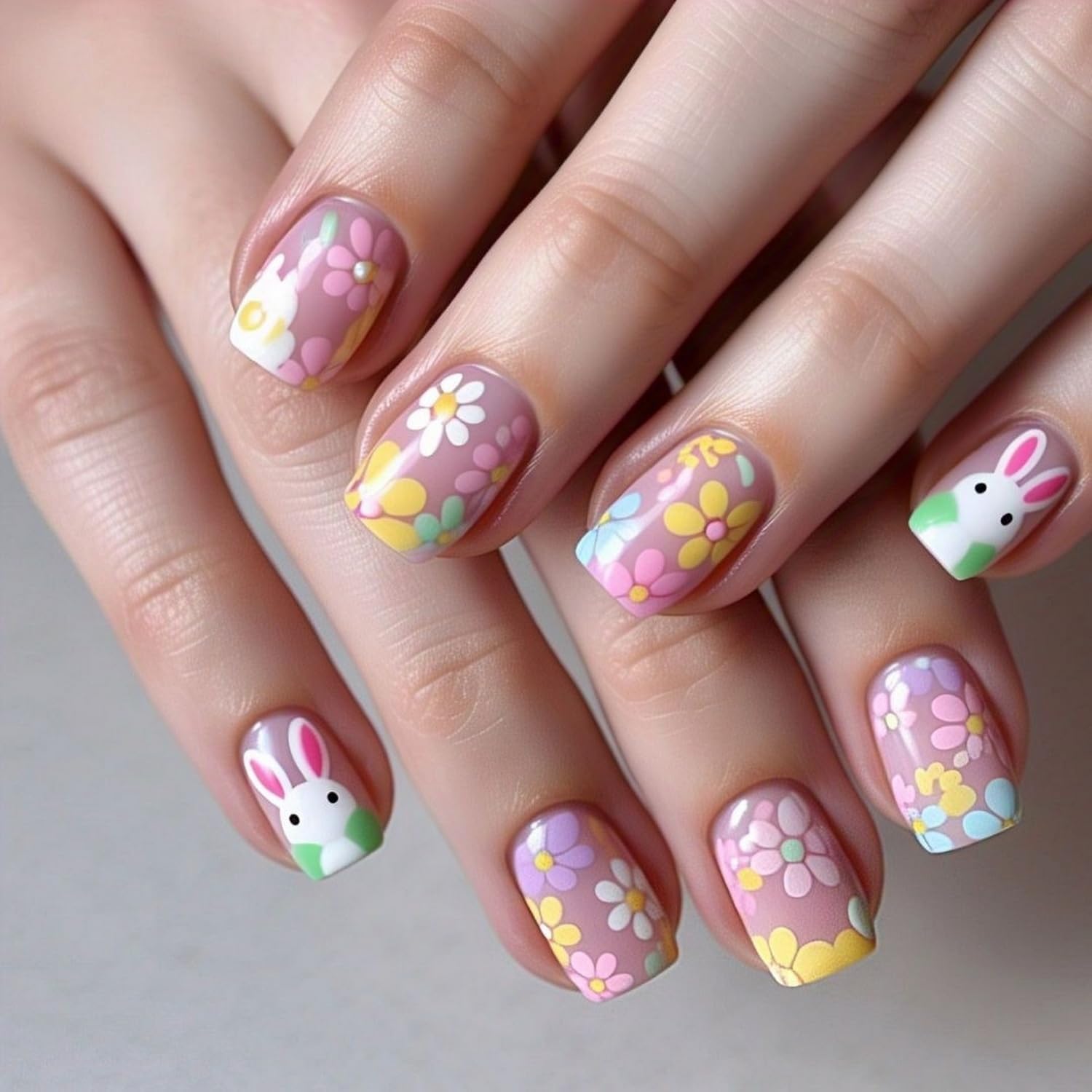 Easter Press on Nails Short Square Fake Nails Flower & Cute Bunny Acrylic Nails Reusable Spring Colorful Stick on Nails Glossy Designs for Women Girls DIY Manicure Decorations 24 Pcs