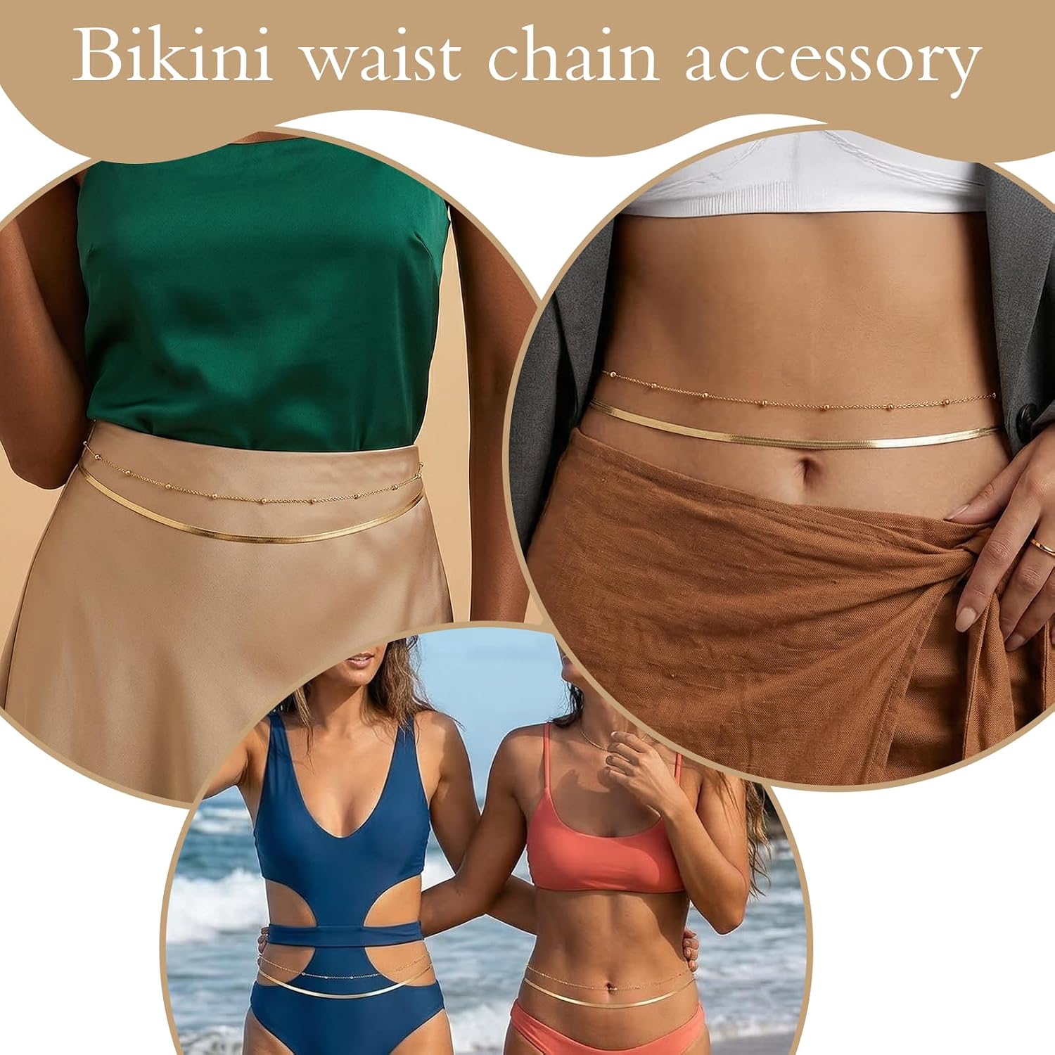 Gold Plated Waist Chain for Women, Adjustable Dainty Layered Snake Belly Belt, Waterproof Tarnish Resistant Body Jewelry for Bikini Beach Backless Dress Summer - Y2K Hip Chain Gift (1 Pcs)