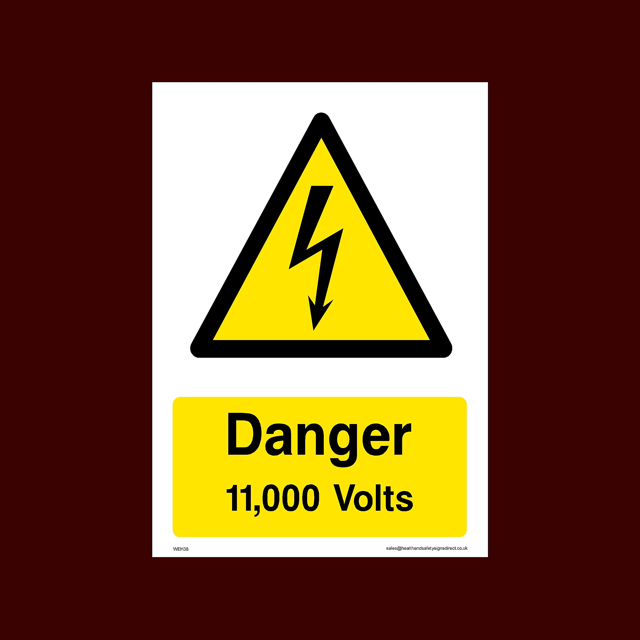 USSP&S Danger 11000 Volts Plastic Sign (WEH38) - Electric Hazard, Voltage, Danger of Death, Cables, Wires, Electric Fence