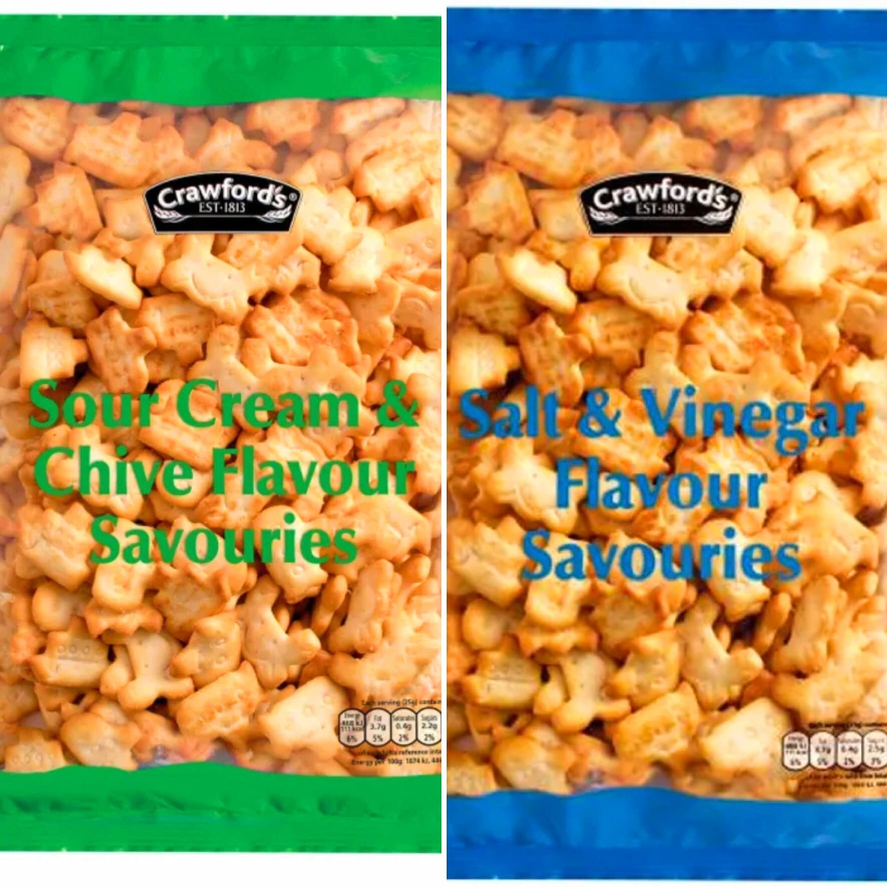 Crawfords Salt & Vinegar Savouries & Sour Cream & Chive Savouries 250 gram bags