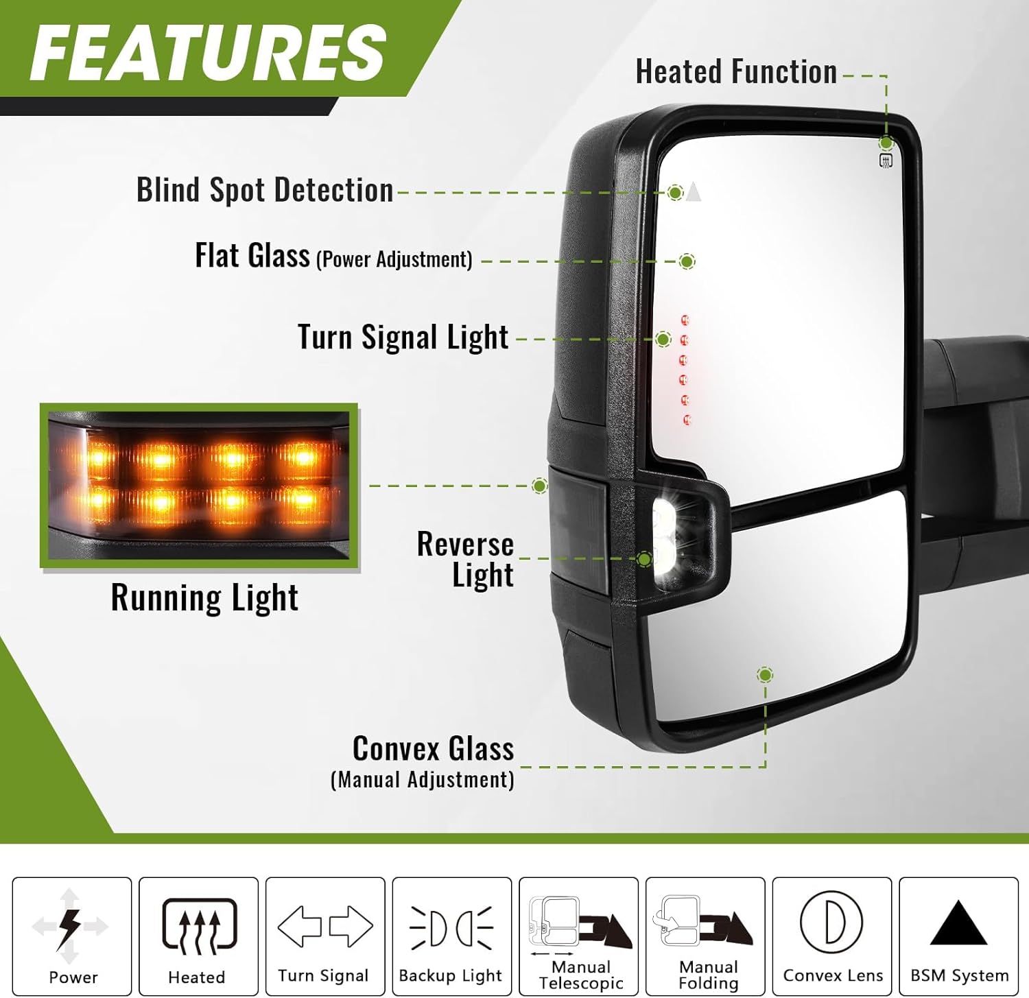 Towing Mirrors for 2007-2021 Tundra / 2008-2017 Toyota Sequoia, Running Light Heated BSM Power Glass (Smoke Lens)
