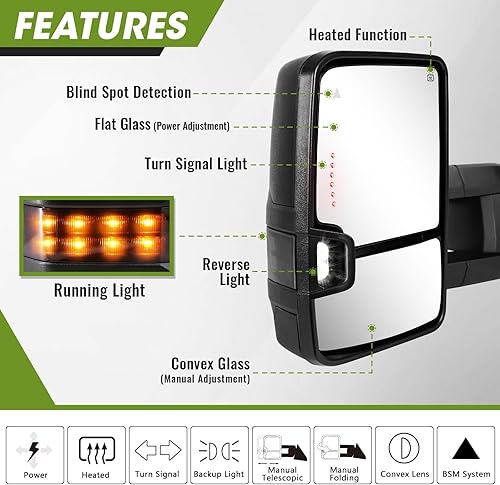 Miniatura 2 de SIZIOM Espejos de remolque para Tundra 2007-2021  Toyota Sequoia 2008-2017, vidrio eléctrico BSM con calefacción con luz de funcionamiento (lente