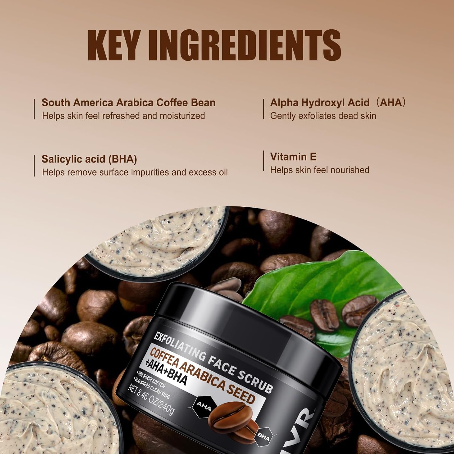 JVR Face Scrub for Men, Facial Scrub for Deep Exfoliating, Cleansing Blackheads, Ingrown Hair, Pre-shave Soften, Organic Formulated with Coffee Extract, AHA and BHA Face Exfoliator (8.46 oz)