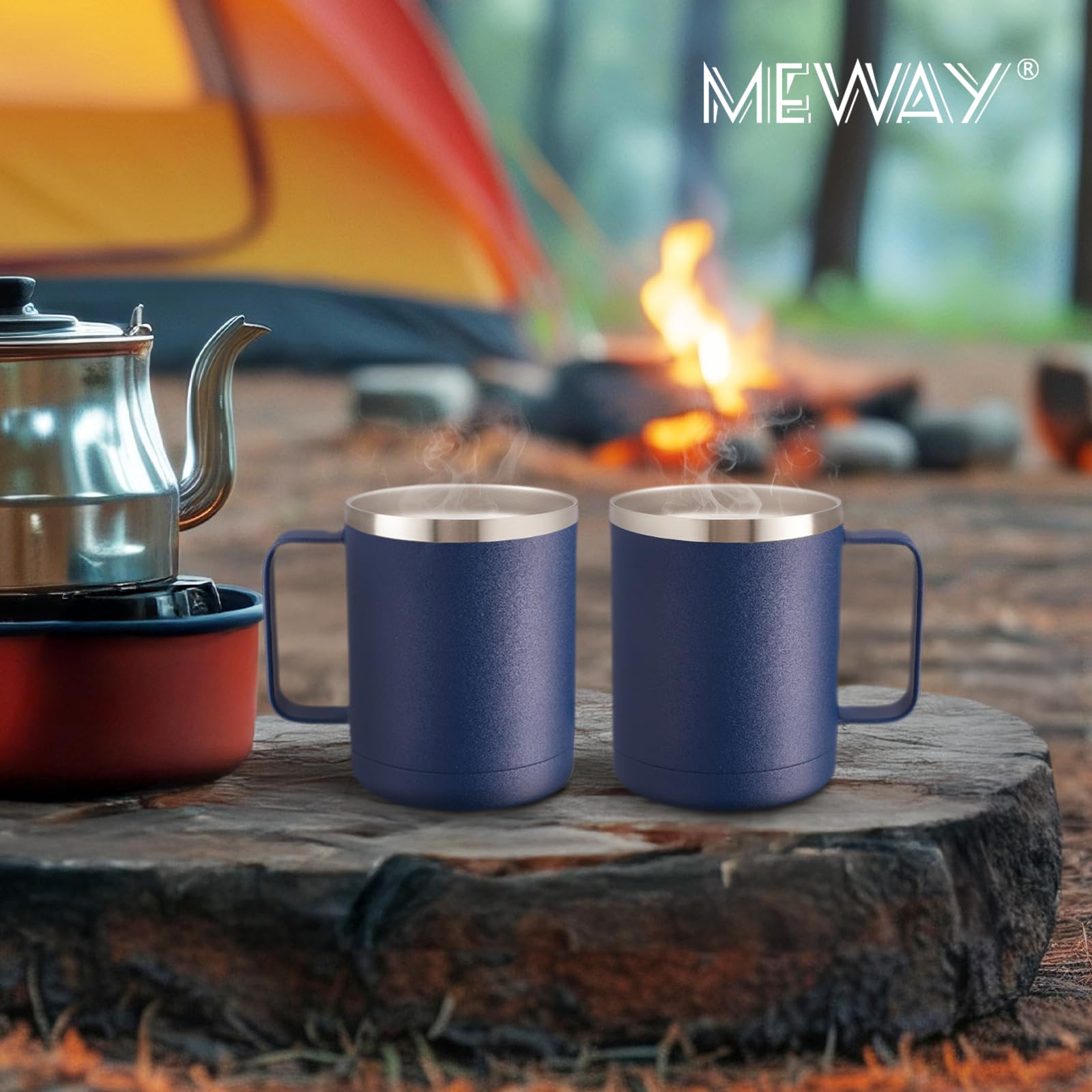MEWAY Kubek do kawy 350 ml z uchwytem, 4 sztuki, izolowane kubki podróżne ze stali nierdzewnej z przesuwaną pokrywką, próżniowy kubek kempingowy z podwójną ścianką do gorących i zimnych napojów herbaty (granatowy, zestaw 4 szt.)
