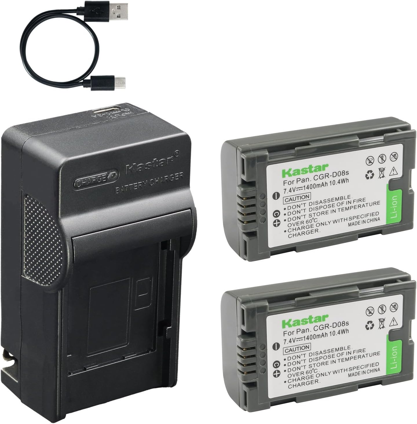 Kastar 4-Pack CGA-D08 Battery AC & USB-C Charger Replacement for Panasonic CGA-D07 CGR-D110 AG-DVX100 AG-HVX200 AG-HPX250 AG-DVC30 AG-DVC60 AG-DVC80 and Hitachi DZ-BP14 DZ-MV100 DZ-MV200 Camcorder