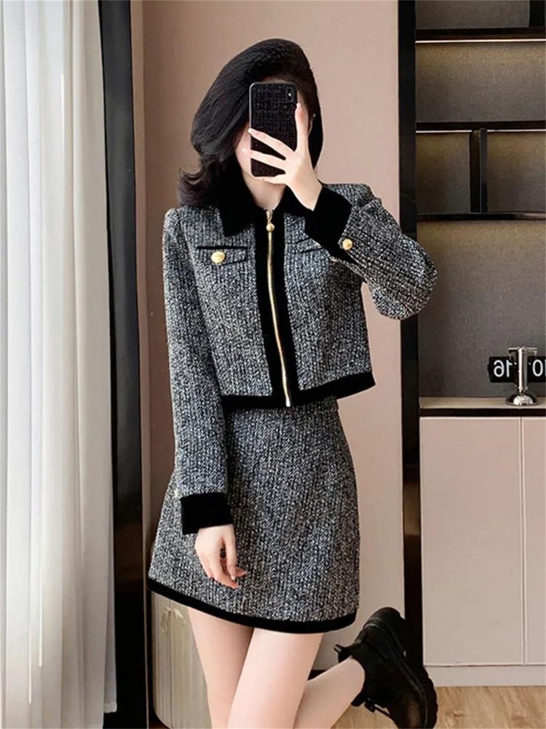 Women Tweed Two Piece Set Thick Jacket Skirt Casual Outfit
