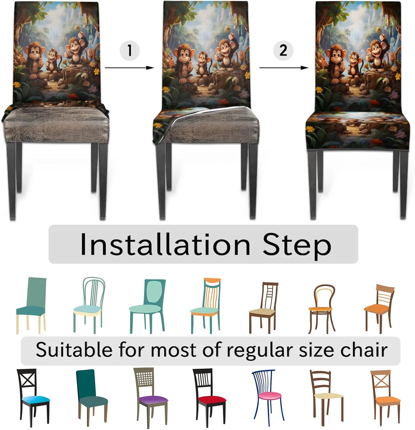 QsirBC Woods River Monkey Stretch Dining Room Chair Covers Set of 6 Chair Slipcovers Removable Washable Kitchen Seat Covers Chair Protectors for Hotel Party Wedding