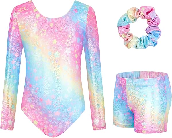 JiAmy Justaucorps de gymnastique pour filles avec short, manches longues, 3-12 ans - 1