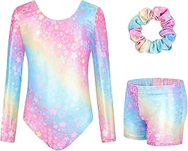 JiAmy Gymnastics Leotards for Girls with Shorts Set, Long Sleeve Kids Gymnastics Athletic Outfit for Kids 3-12 Years