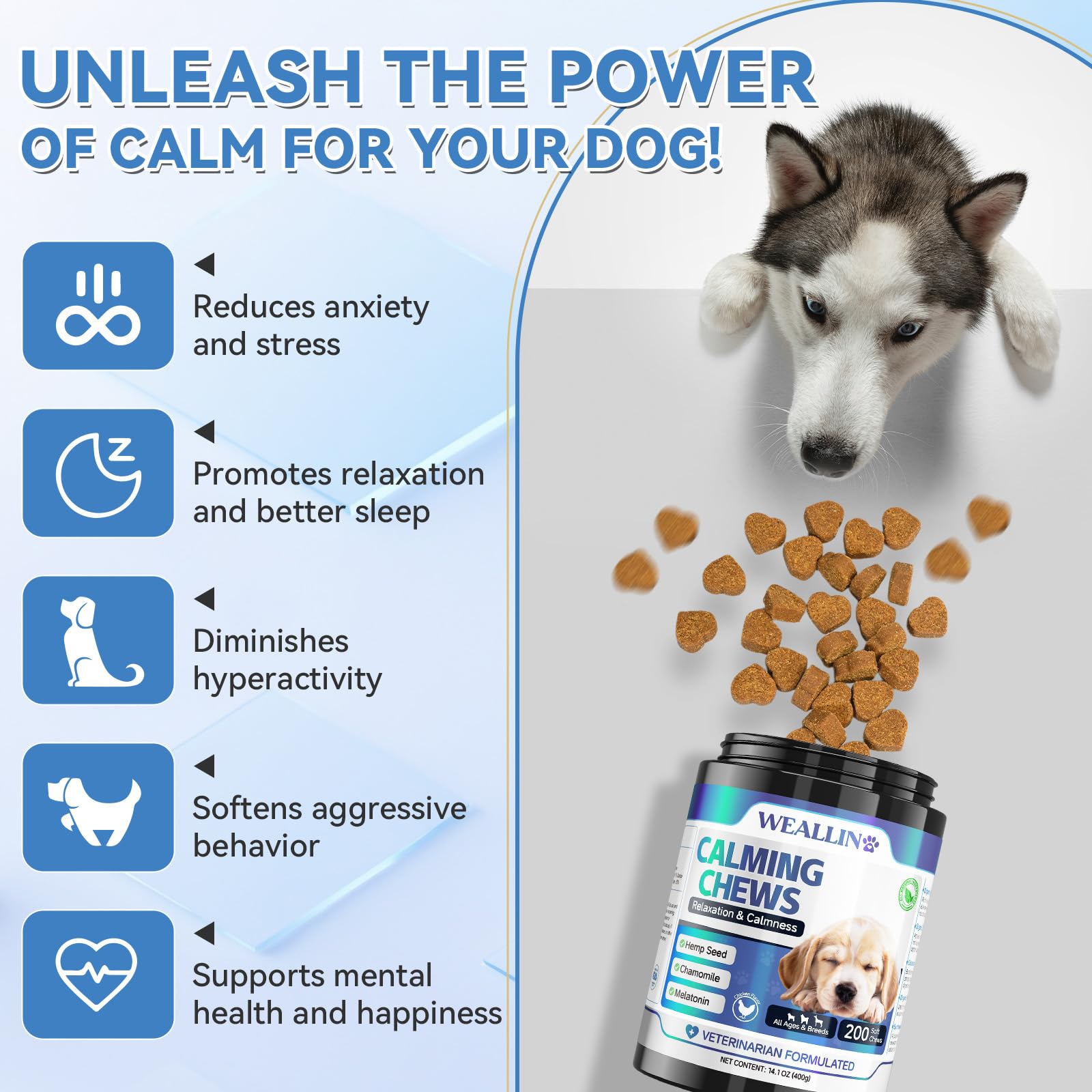 WEALLIN Dog Calming Treats, 200 Count Natural Soothing Dog Chews for Relaxation Support, Helps with Puppy Separation, Barking - Image 2
