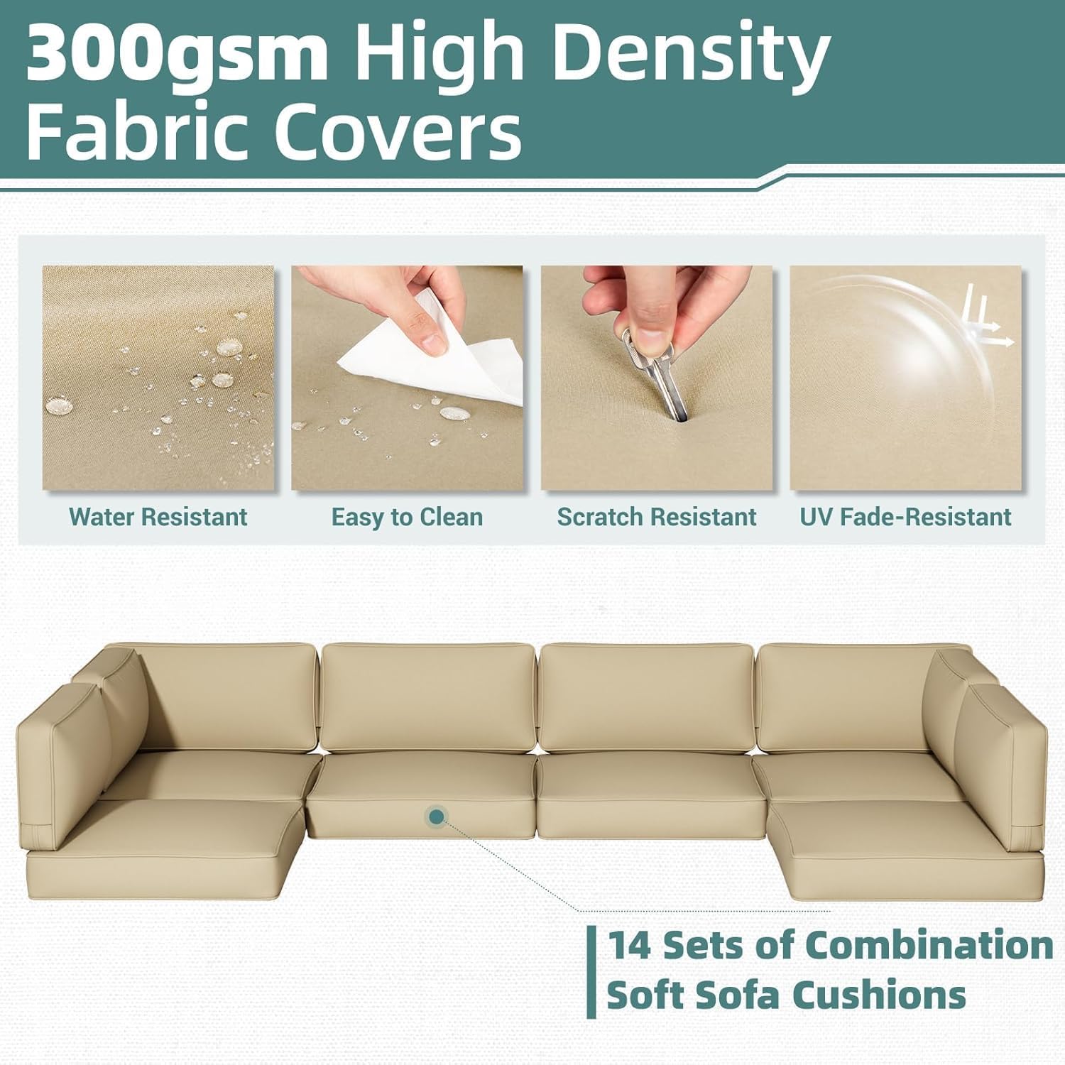 14-Piece Outdoor Replacement Cushions for Patio Furniture, Water-Repellent Sofa Cushion for 6-Seat Wicker Sectional, Deep Seat Cushions with Non-Slip Design, Khaki