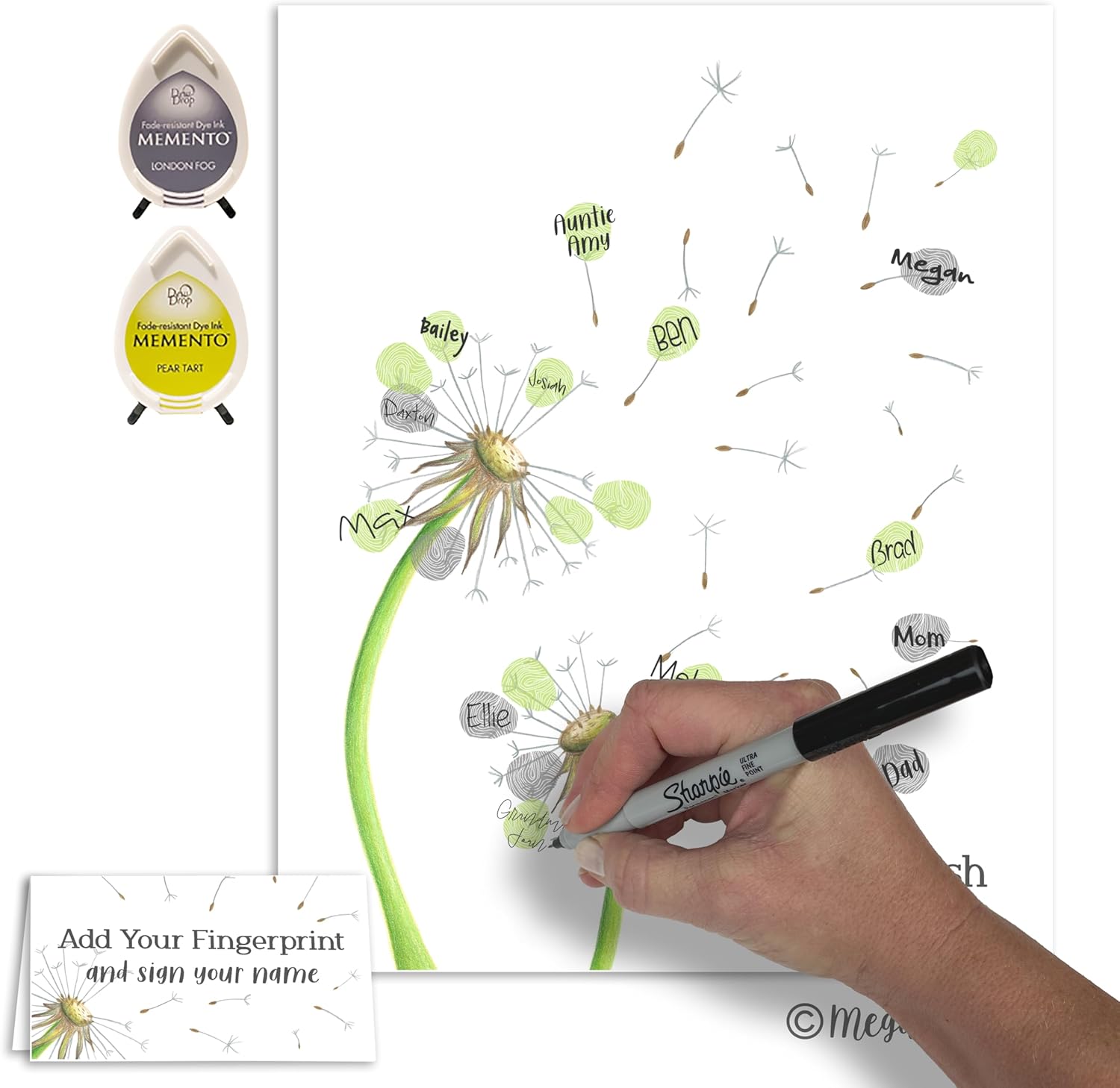 Neutral Garden Theme Dandelion Baby Shower Fingerprint Poster Set with Ink Pads and Pen, We Made a Wish and You Came True Dandelion Baby Shower Guestbook Alternative (Neutral, 8.5x11 Inches)
