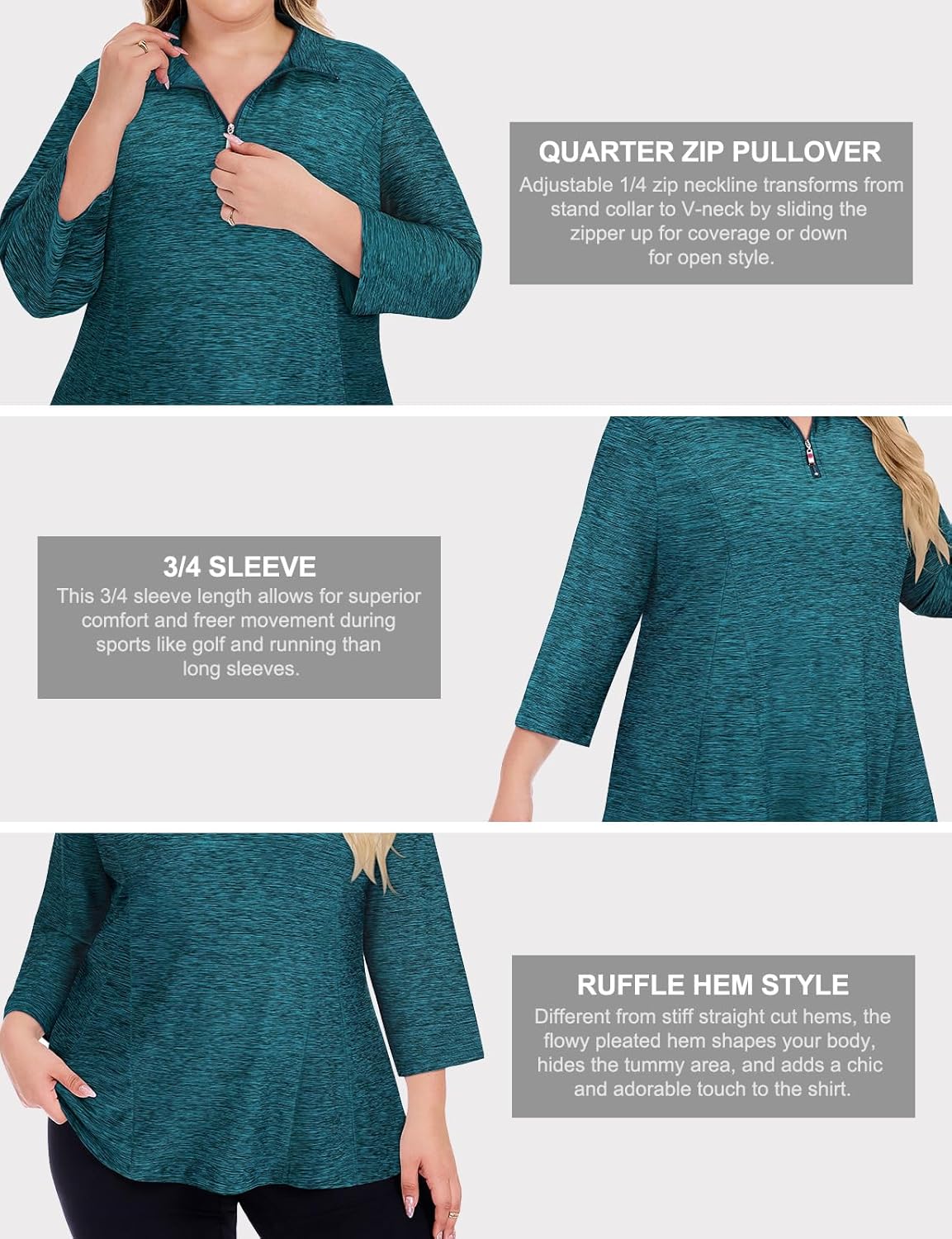 Plus Size Golf Polo Shirts for Women 3/4 Sleeve UPF 50+ Quarter Zip Pullover Quick Dry Athletic Workout Tops XL-5XL