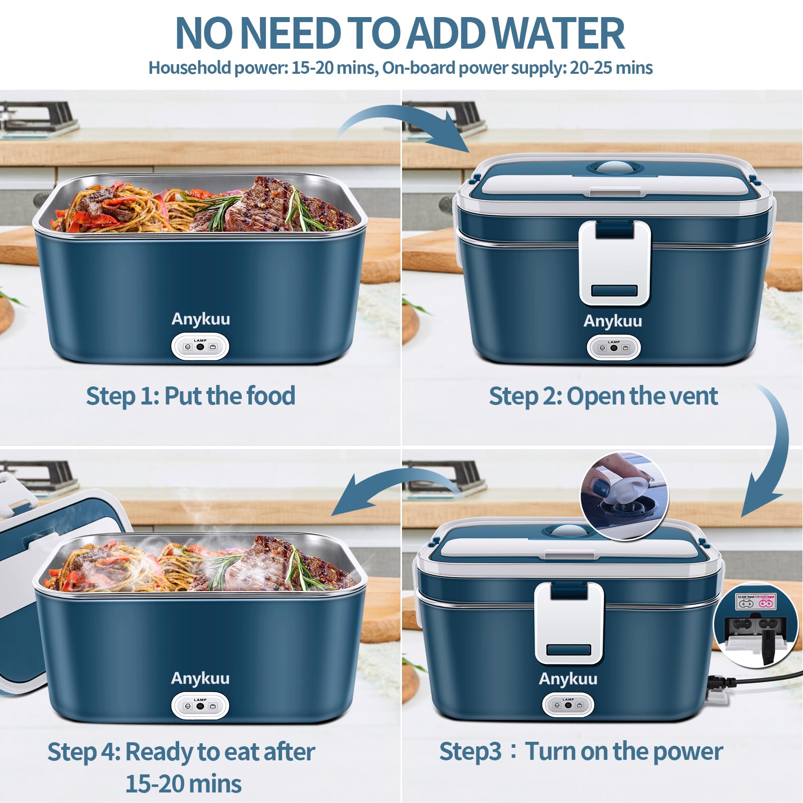 Anykuu 100 W Scaldavivande Elettrico Portatile 1.8L Porta Pranzo Termico 3 in 1(12V/24V/240V) per Auto Camion e Ufficio Lunch Box Riscaldatore Scalda Vivande Portatile con Forchetta e Cucchiaio