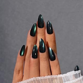 KQueenest Cat Eye Press On Nails mit Kleber - Glitzer Grün Schwarz Nägel zum Aufkleben Mandel, Sparkle Bling Fake Nails Set, Künstliche Fingernägel Mittel, Luxus Acryl Nägel für Frauen, 30 Stück