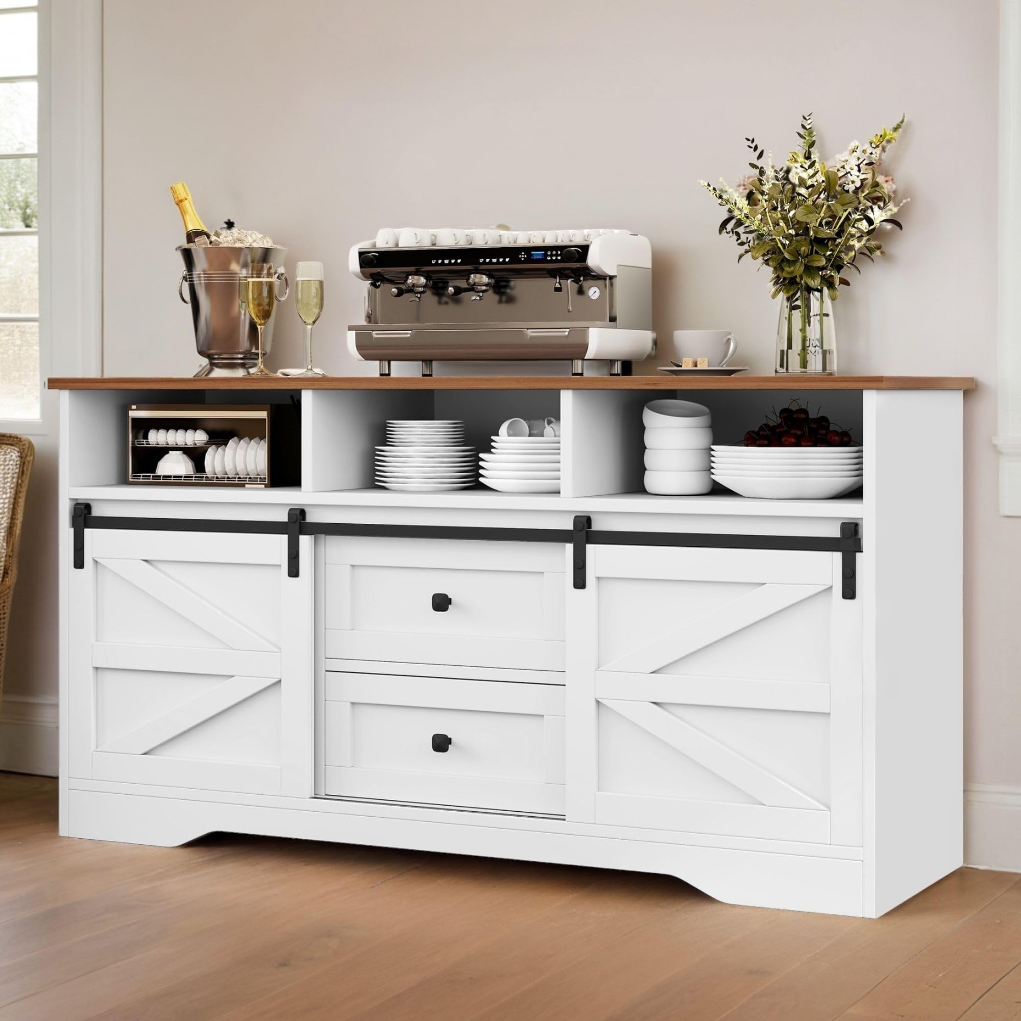 YITAHOME Buffet Cabinet with Drawers, 59" Large Sideboard Buffet Storage Cabinet with Shelves and Doors, Modern Farmhouse Coffee Bar Station Wood Kitchen Table for Kitchen, Dining Room, White