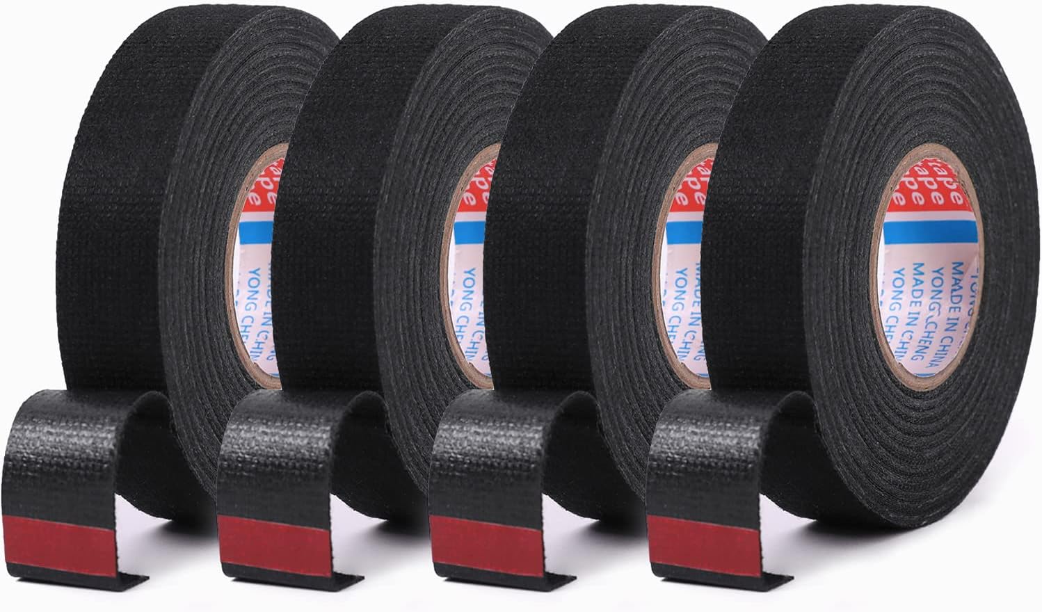Wire Harness Cloth Tape, 3/4-Inch by 50-Foot (4 Rolls), Speaker Wiring Harness Cloth Tape, Black Adhesive Fabric Tape, for Automobile Electrical Wire harnessing Noise Dampening Heat Proof
