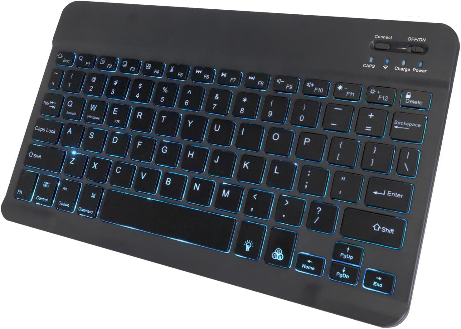 Close-up of the BoxWave SlimKeys Bluetooth Keyboard with its blue LED backlight illuminated.