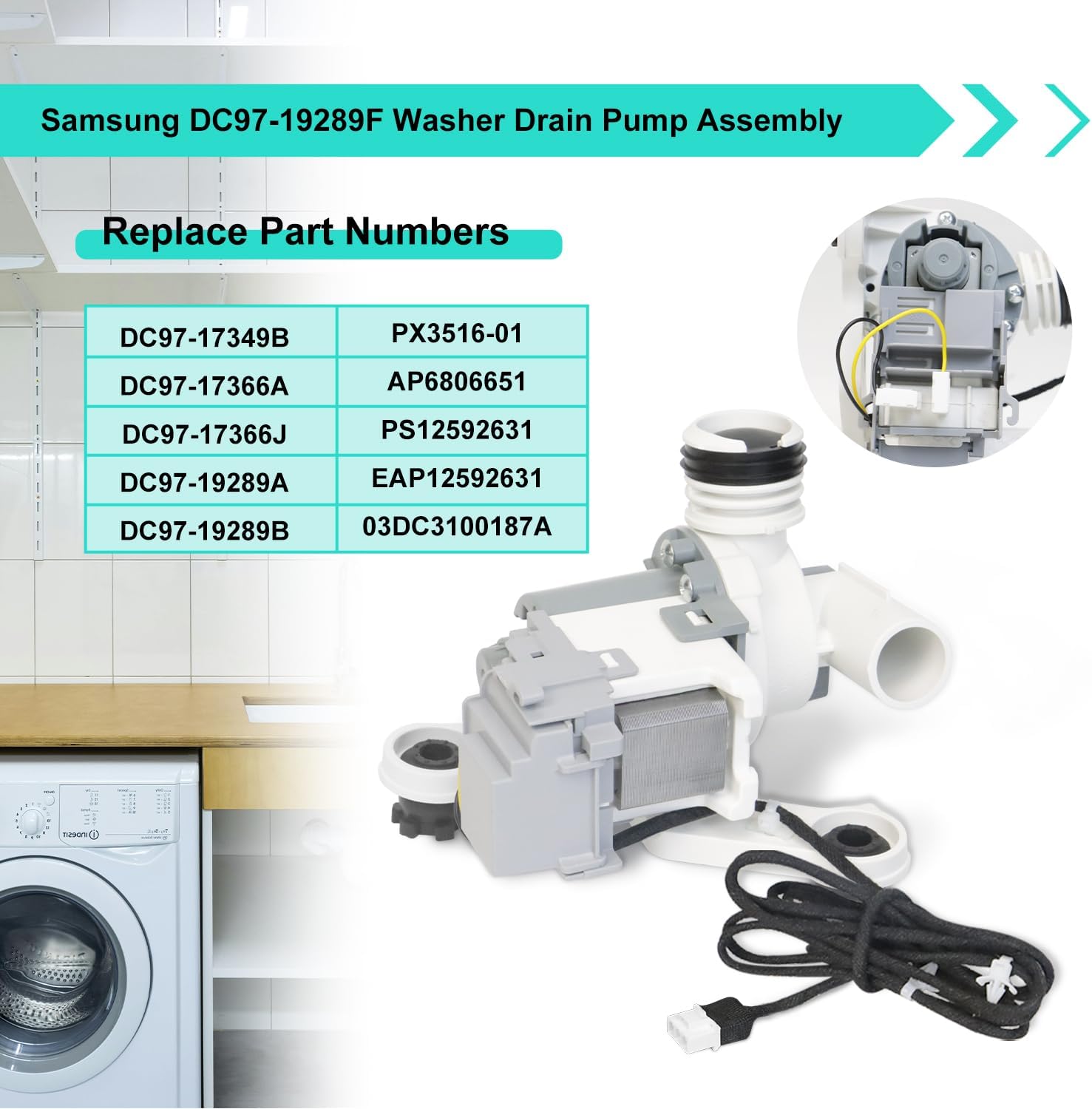 Upgraded DC97-19289F Washer Drain Pump Assembly compatible with Samsung Washer replaces DC97-17349A, DC97-17349B, DC97-17366A, DC97-17366J, PX3516-01 Drain Pump for Samsung Washing Machine Motor