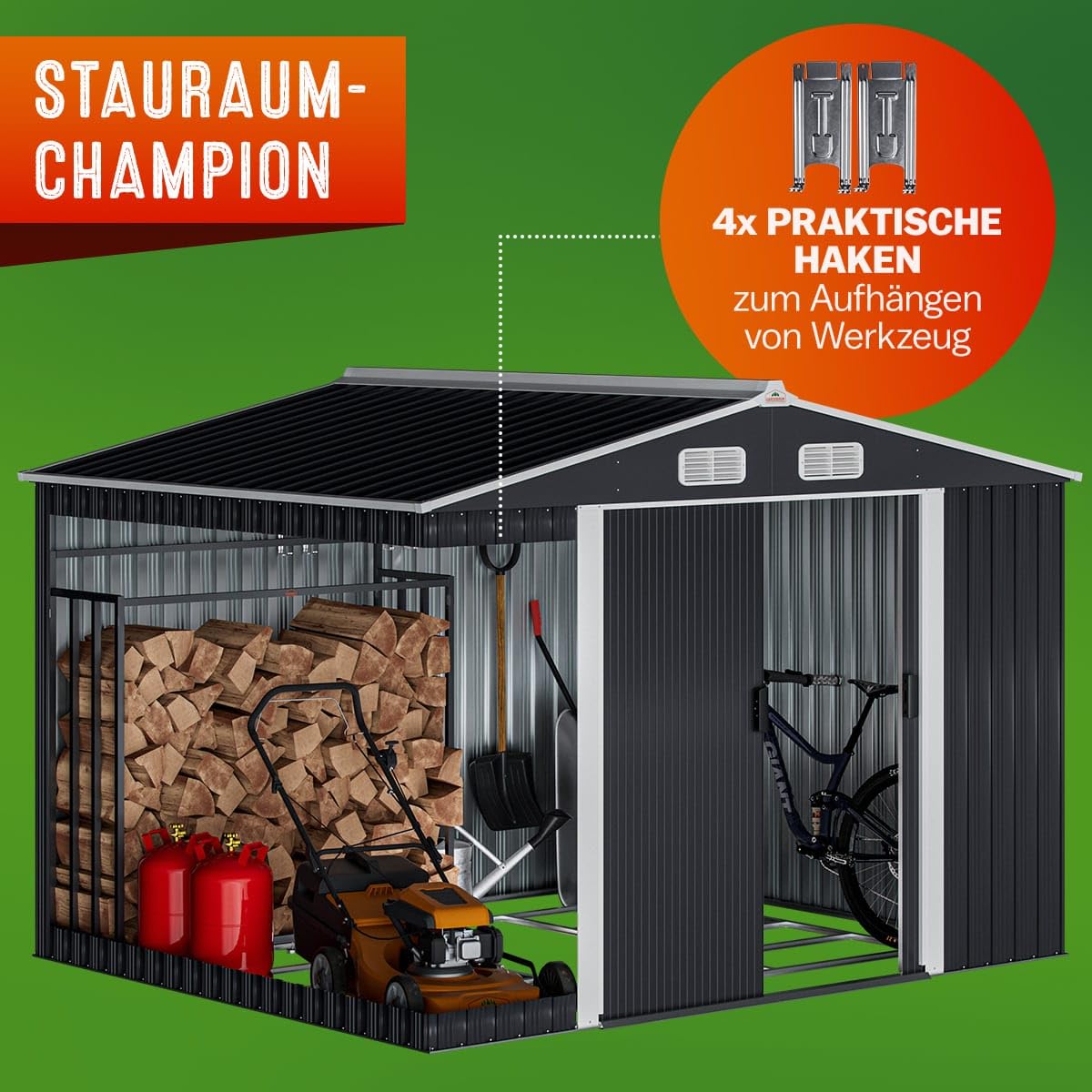 GARDEBRUK® XXL Metall Gerätehaus 5m² mit Fundament 257x205x178cm Schiebetür Anthrazit Geräteschuppen Gartenhaus 9m³ | Gartenmöbel Gartenmöbel Gartendach Rasenmäher Garage mit 96cm Schiebetür verzinkter Stahl Schuppen für Werkzeuge
