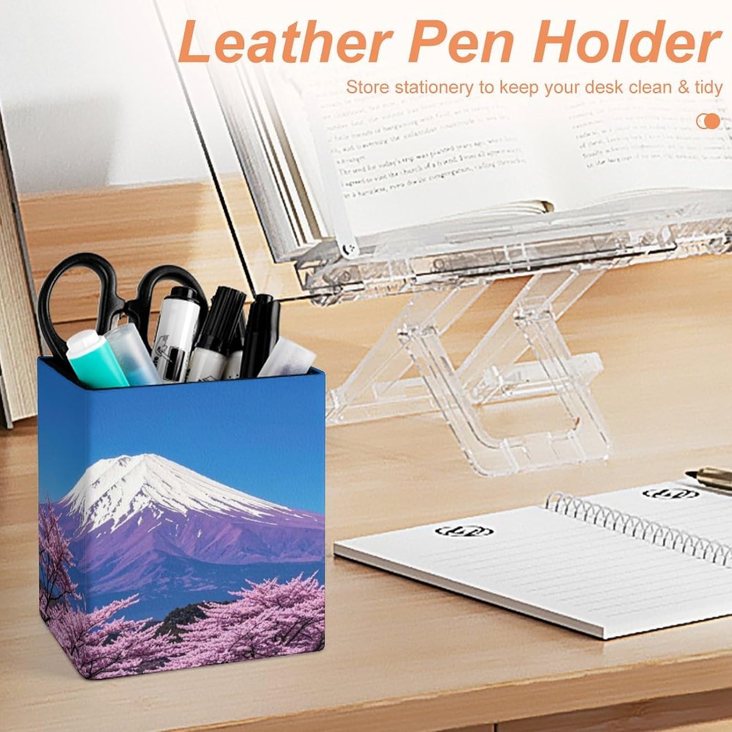 PU Leather Pen Holder Purple Mount Fuji Desk Organizer Storage Cup image 4