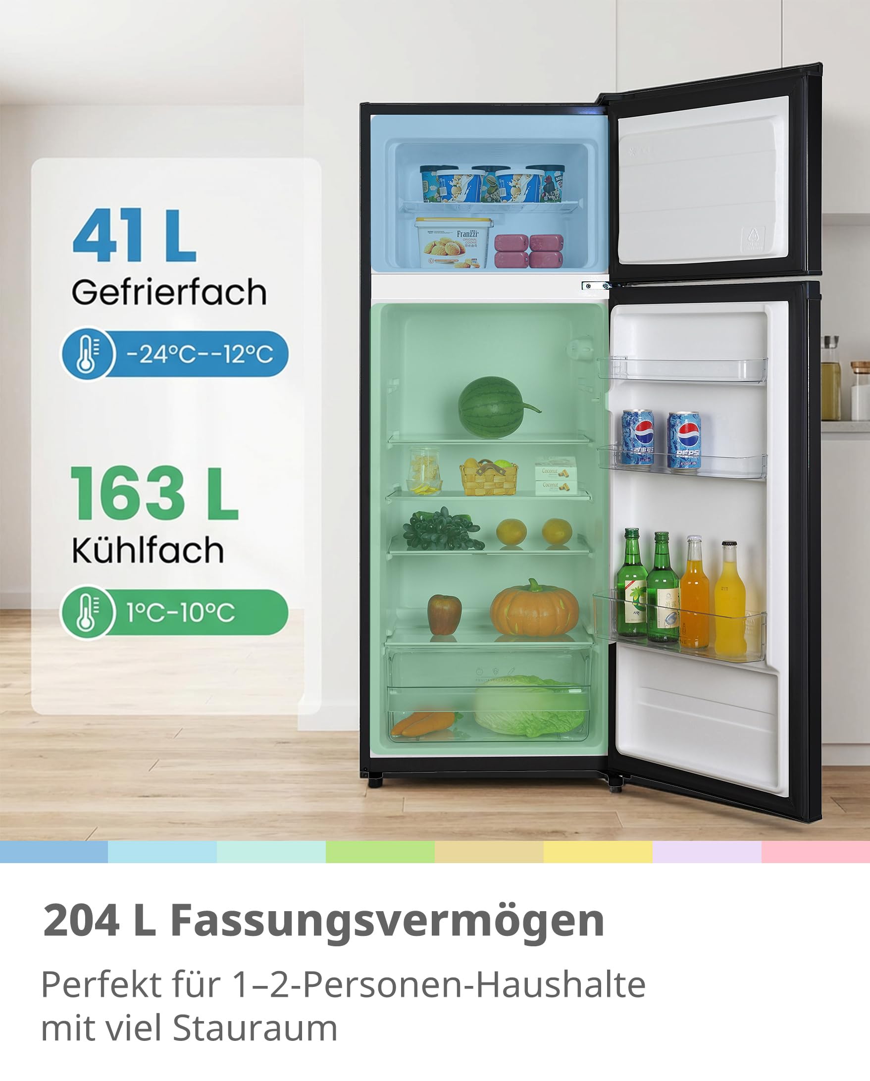 Comfee Kühlschrank mit Gefrierfach 204L Kühl-Gefrierkombination 143 cm Low Frost Leise 39 dB LED-Licht Inverter Kompressor Freistehend Schwarz
