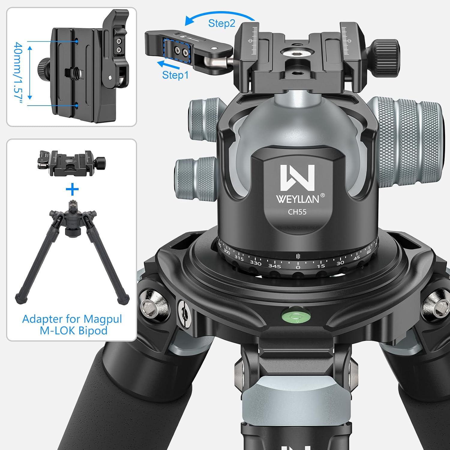 WEYLLAN CH55 Arca Ball Head Mount with Lever Release, 55mm Low Profile Heavy Duty Tripod Ball Head with Mlok Rail Arca Swiss Quick Release Plate for Hunting & Photography, Camera Head Load 88lbs/40kg